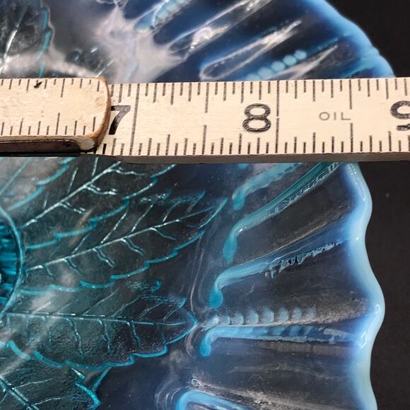 Vintage Ruffled Crimped Edge Blue Opalescent Compote Dome Footed Bowl 1930s-40s - Picture 8 of 9